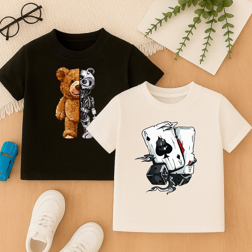 Kit 2 Camisetas Infantil Robo Baralho Camisa Estampada Colorida Meninos 100% Algodão Manga Curta