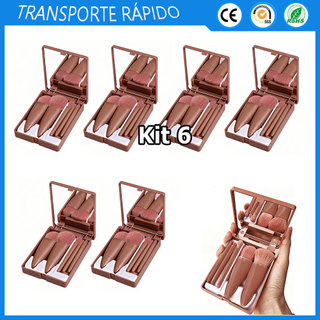 6x Castanho Pincel de maquiagem de viagem mini estojo espelho dobrável pincel de maquiagem portátil espelho de bolso