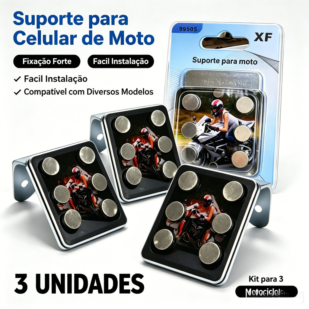 Kit 3 Suportes Magnéticos para Celular de Moto com Ímã Forte 3M Fixação Segura Universal