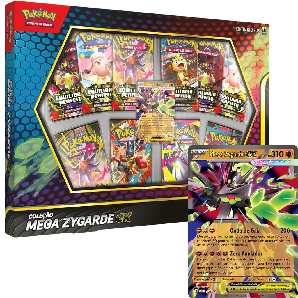Pokemon TCG Box Mega Zygarde EX 10 Boosters Mega Evolução Equilíbrio Perfeito 61 Cartas Copag