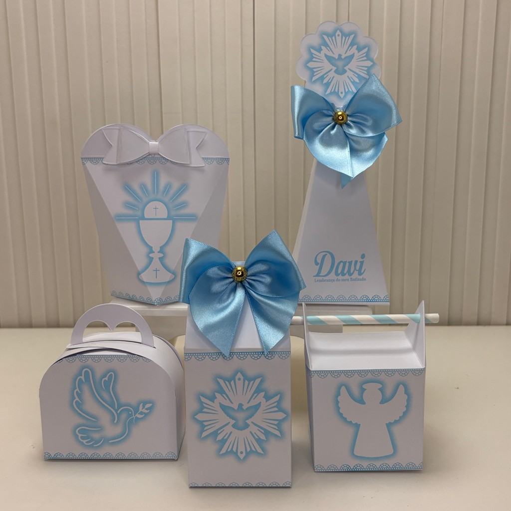 Kit Festa  Batizado Branco e Azul Clean Lembrancinha  Caixinha Milk Personalizada
