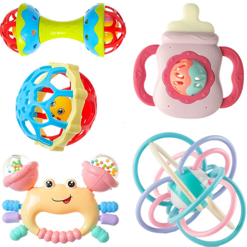 Kit 5 Pcs Mordedores e Chocalhos Bebê Silicone Alimentar Sensorial Alívio Gengiva Brinquedo Educativos Presente de Natal