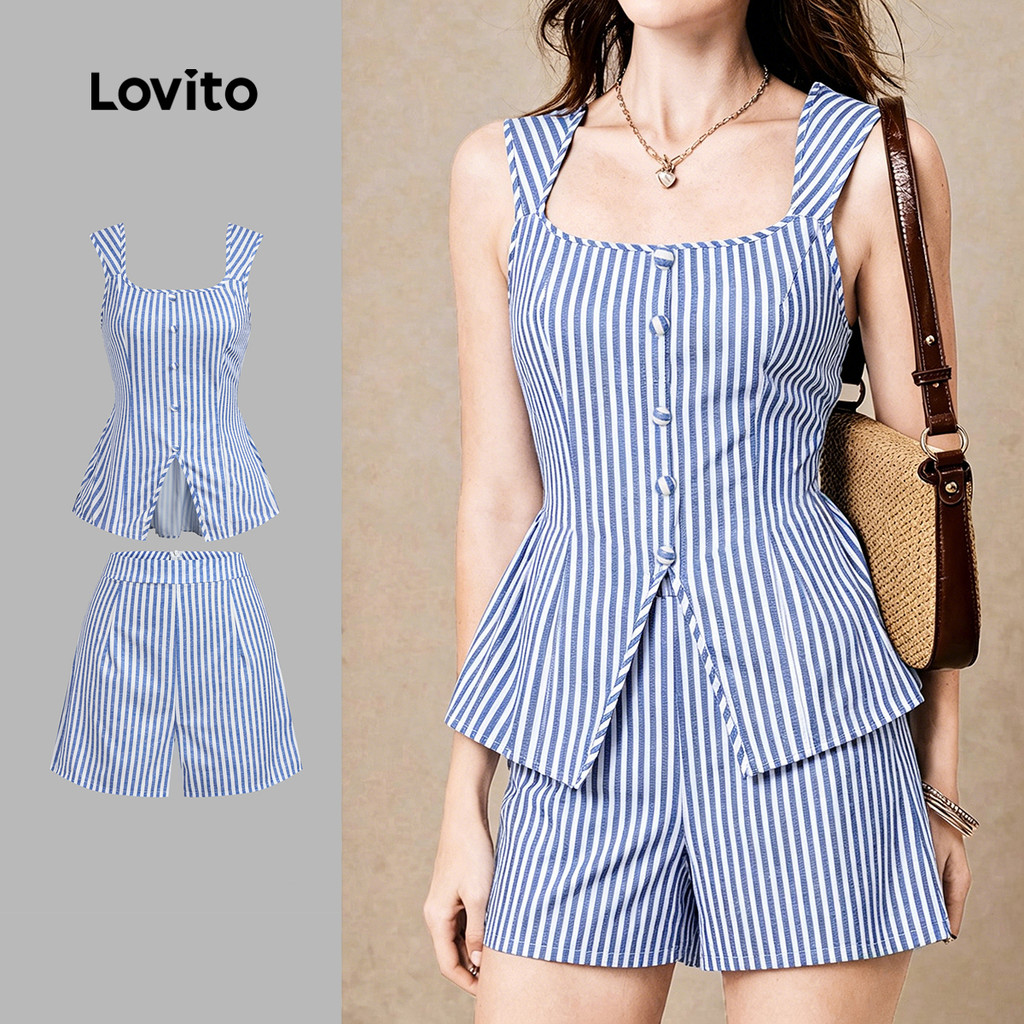 Lovito Blusas ou Calças Casuais Senso de Linhas Botão Primavera/verão Blusa Azul