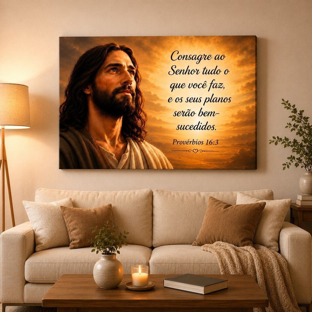 Quadro decorativo sala Religioso Jesus Cristo Com Versículo Bíblico Decoração Cristã Evangélica Para Quarto