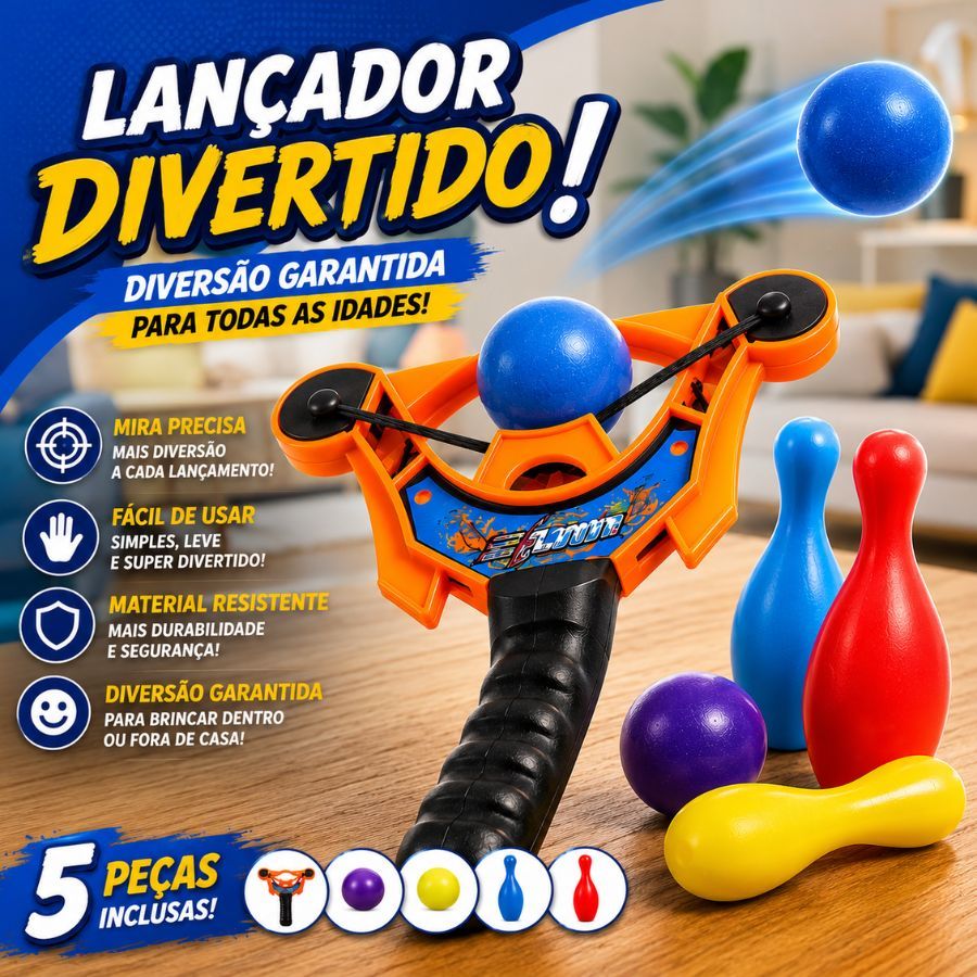 Estilingue De Bola Atiradeira Infantil Tempestade Aérea Com 4 Bolas + 2 Pinos De Boliche Brinquedo Infantil