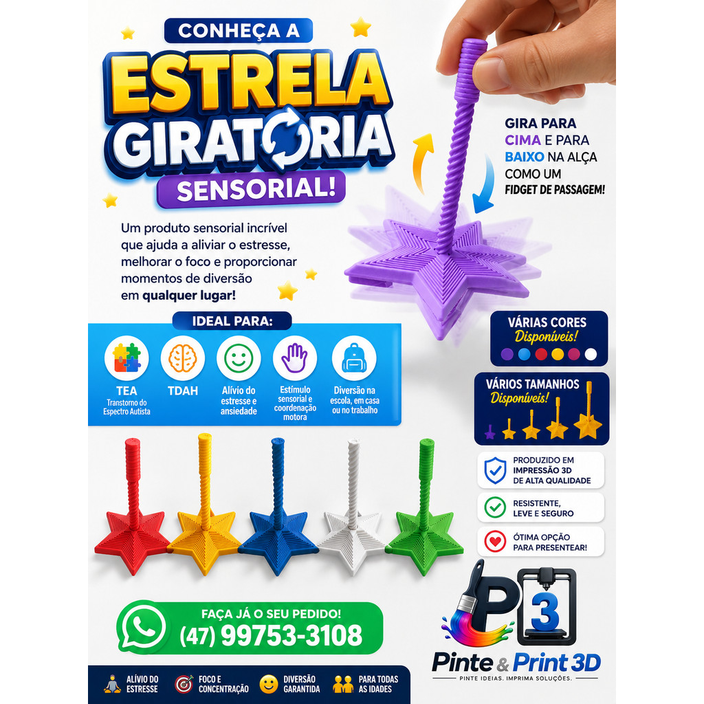 Estrela Palito Sensorial Fidget Toy Brinquedo Giratorio Interativo Flexível Relaxante Ansiedade Infantil Adulto Autismo
