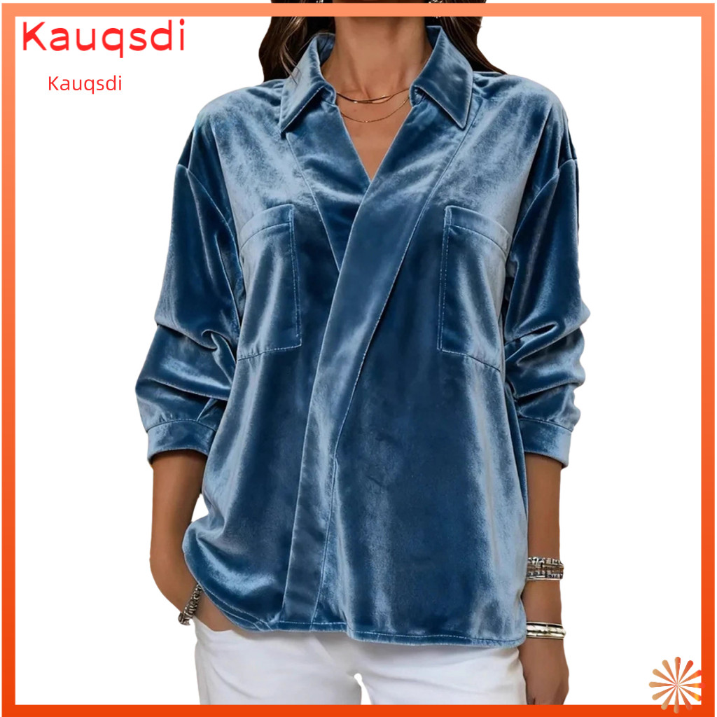 Women Shirt Office Wear Blouse Women’s Velvet Long Sleeve Lapel Collar Pullover Top Loose Fit Solid Color for Work Par
