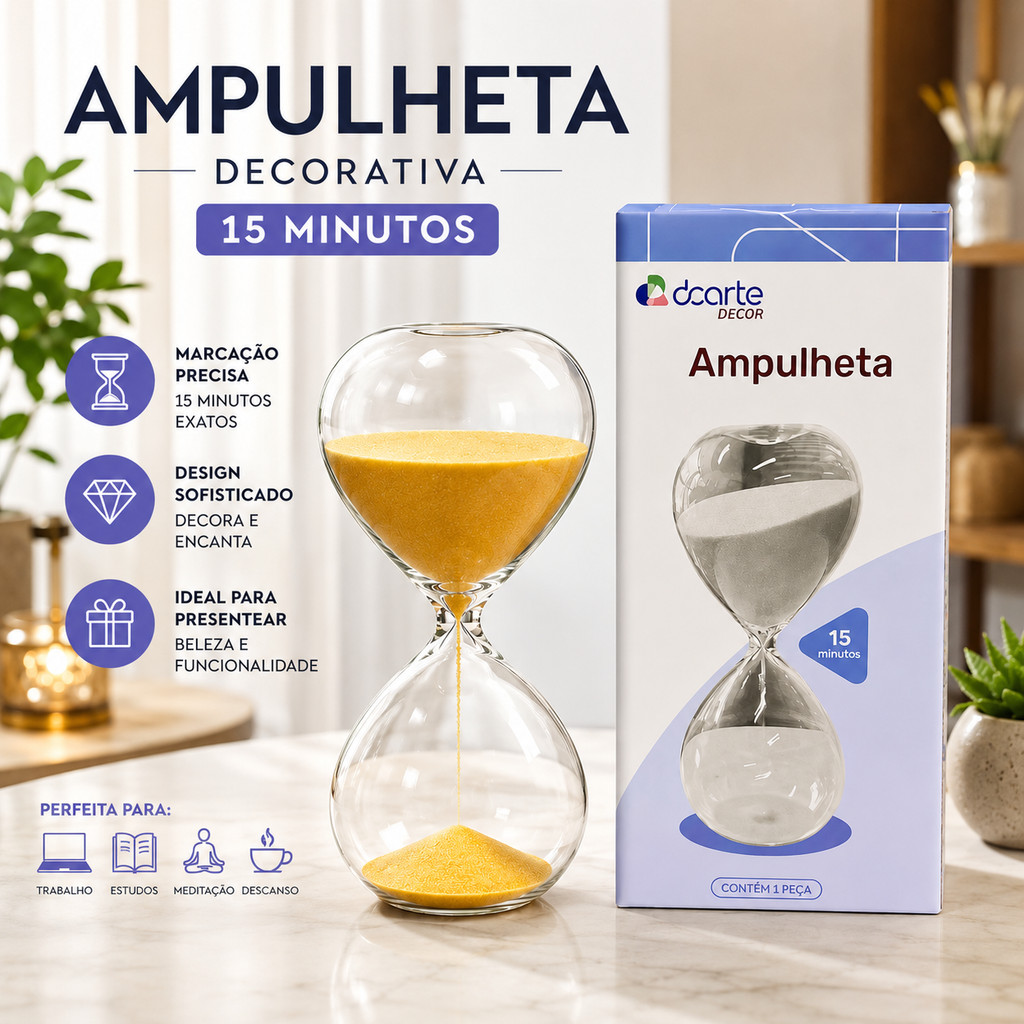 Ampulheta De Vidro Decorativa 15 Minutos Relógio Decoração Temporizador Areia Escritório Sala  Cores Aleatórias