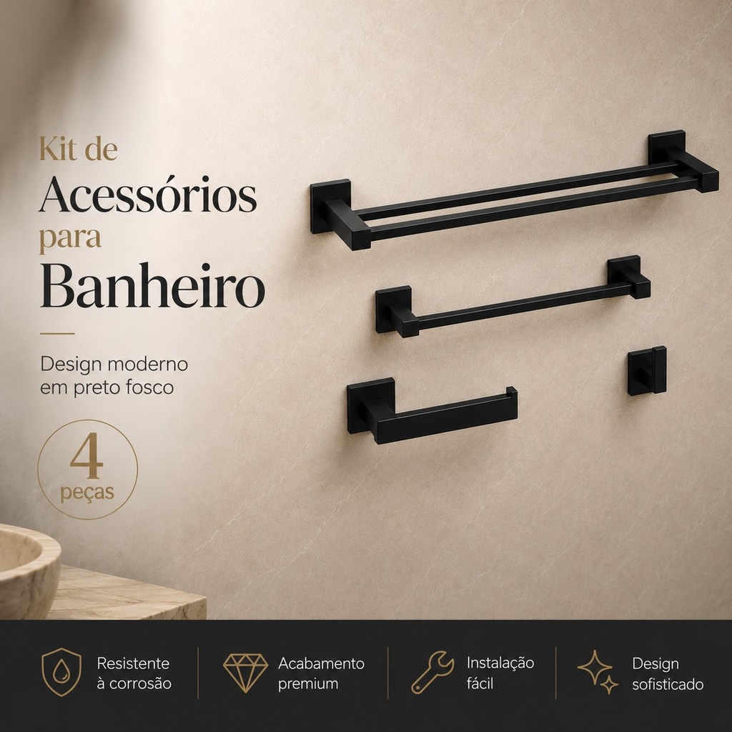 Kit 4 Acessórios Banheiro Inox 304 Preto Fosco Luxo Toalheiro Duplo Banho Mãos porta papel higiênico Gancho