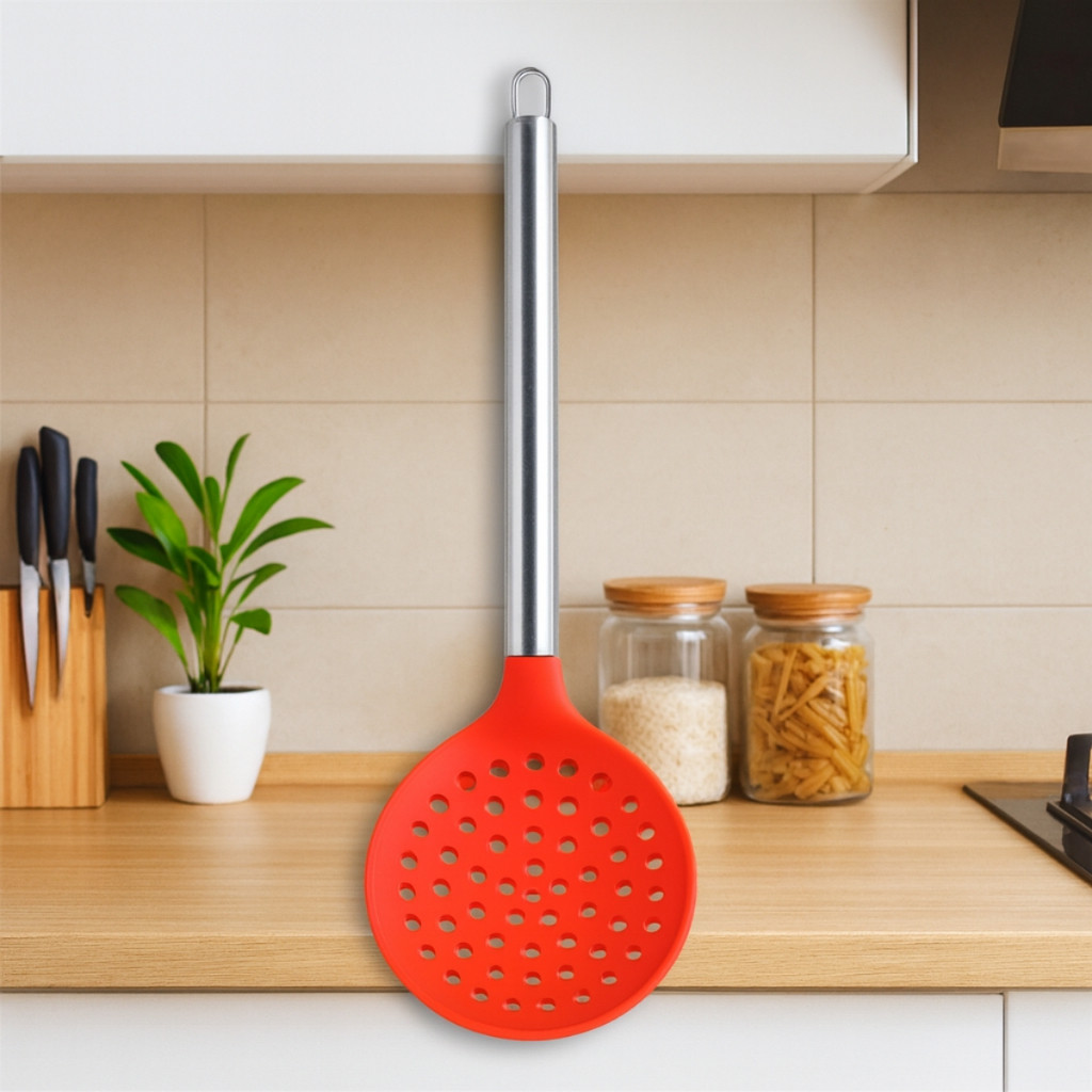 Escumadeira Vermelha Silicone com Cabo Inox Suporta Altas Temperaturas Resistente e Não Risca em Oferta na Shopee