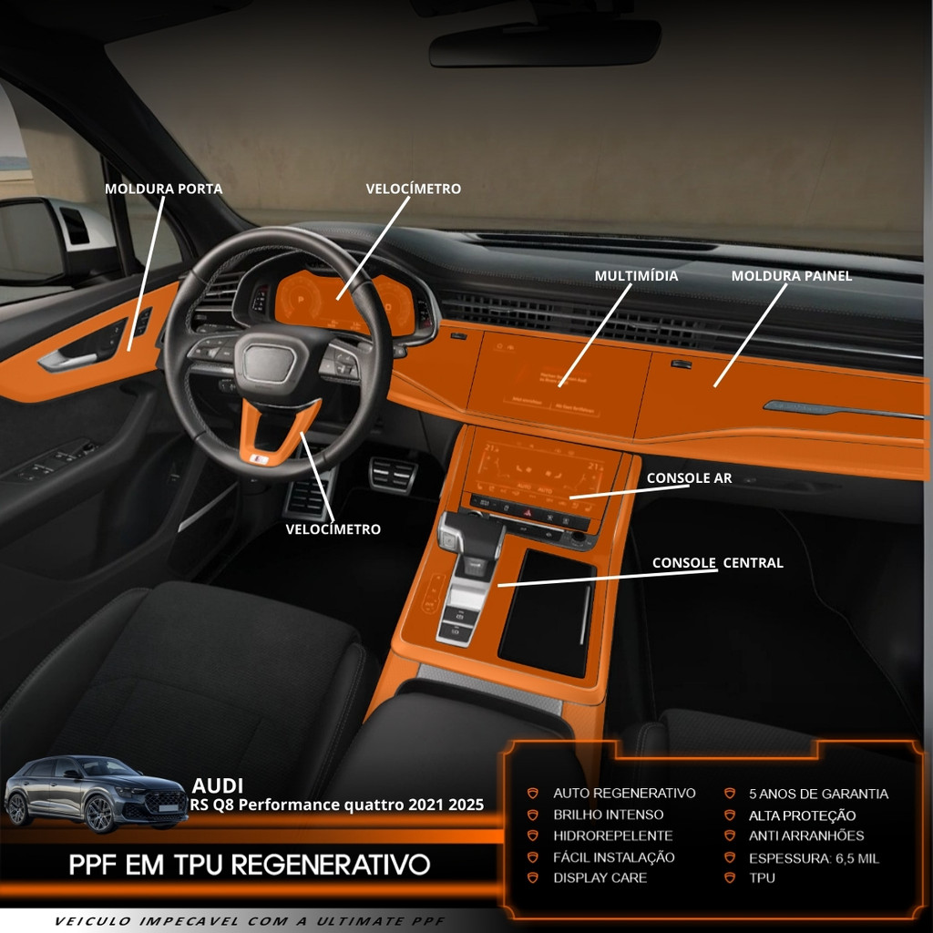 Película PPF Proteção Kit Interior Completo Audi RS Q8 Performance 2021 2022 2023 2024 2025 2026
