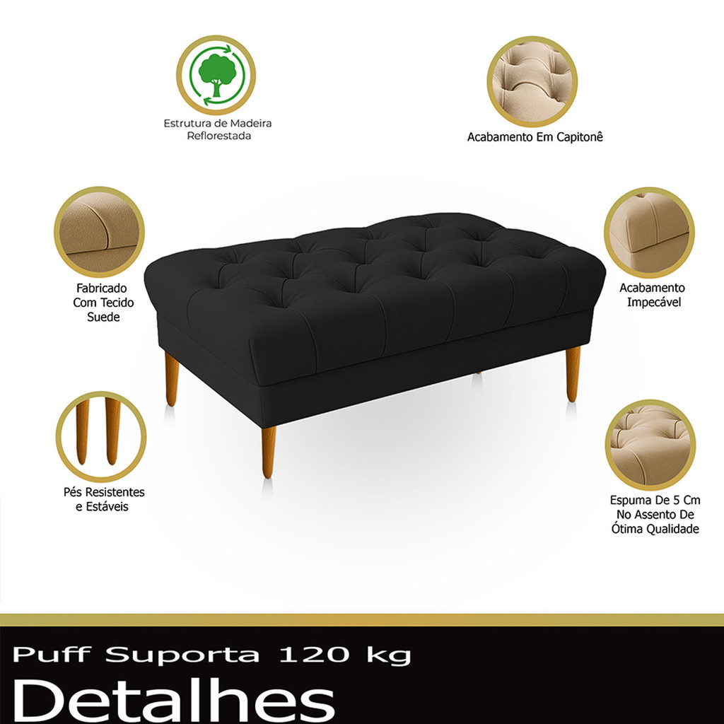 Puff Retrô Luiz XV Capitonê Retangular 120 cm Estofado Decorativo Sala de Estar Suede Preto