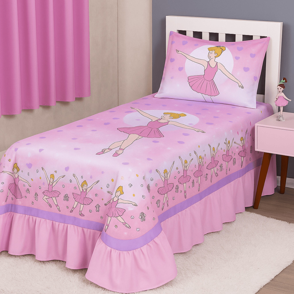 Kit Solteiro 3 Peças Decorativo Infantil Com Colcha Porta Travesseiro E Cortina Oxford Estampado Criança Menino e Menina