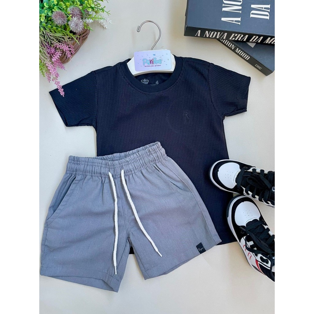 Conjunto Menino Camisa Texturizada e Bermuda em Linho