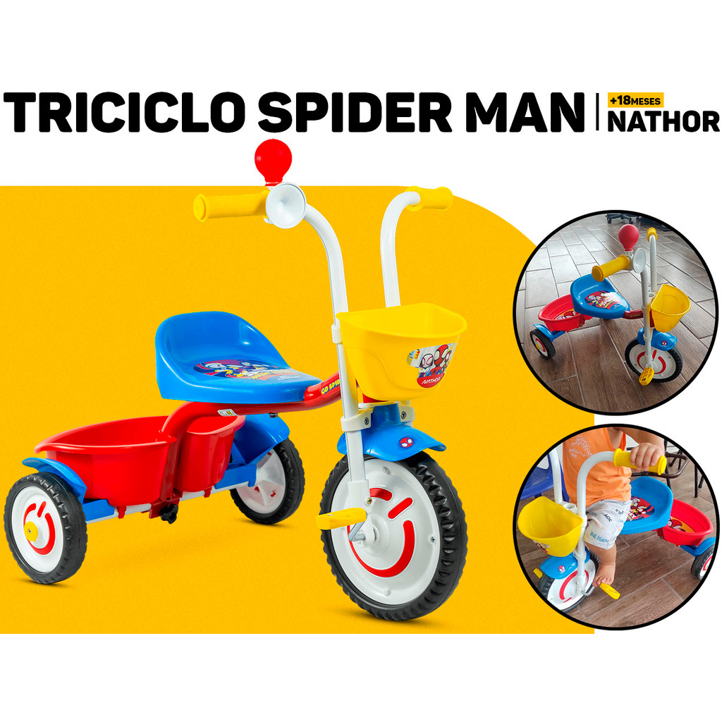 Mini Triciclo Homem Aranha Motoca Menino Spider Man Nathor C/ Pedal Seguro Buzina Cestinha Porta Brinquedo