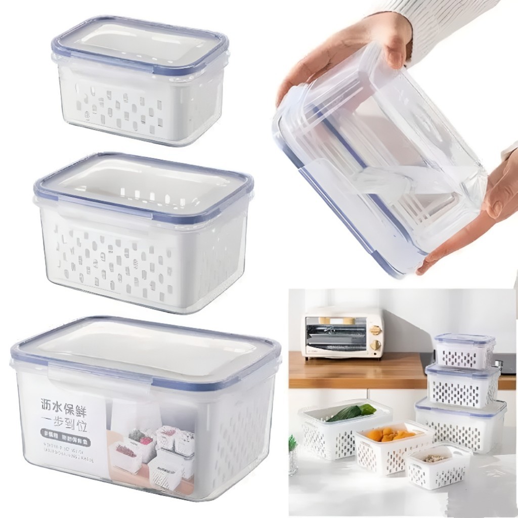 Imagem Kit 3 Organizadores Potes Hermetico Geladeira 850ML/1750ML/3300ML Alimentos Vegetais