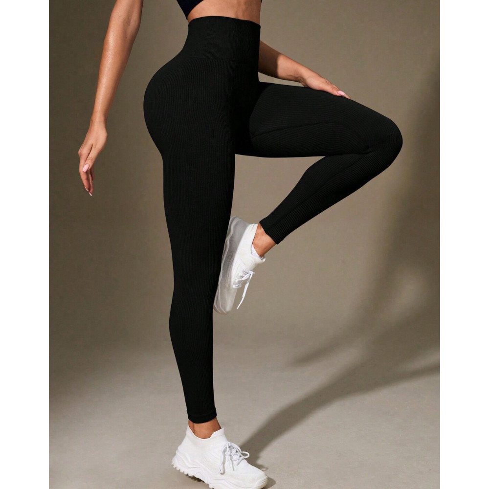 Calça Legging Canelada de Cintura Alta Sem Costura para Academia Feminina Elástica Esportiva Fitness