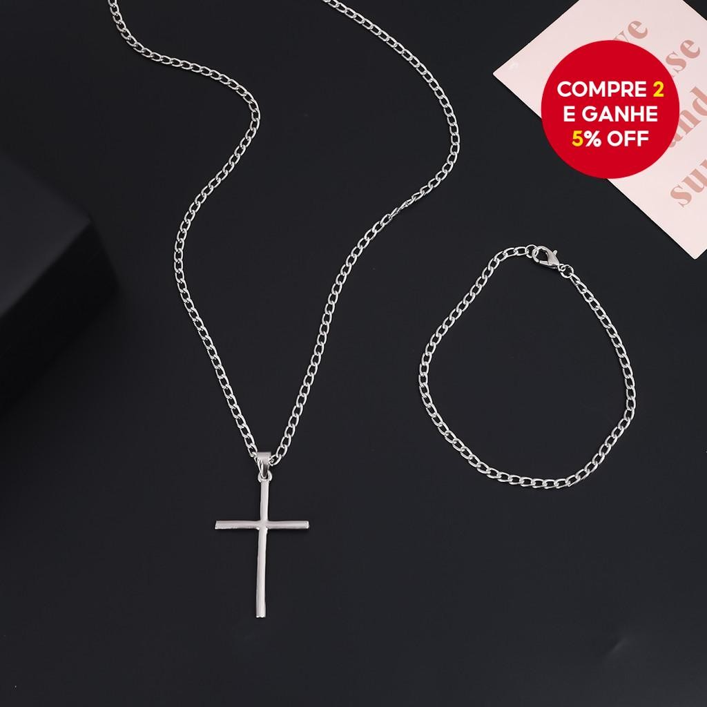 Ajustável 60-70CM Colar Corrente De Aço Inoxidável Cruz Pingente Pulseira Conjunto Para Homens Punk Presente Unisex Jóia