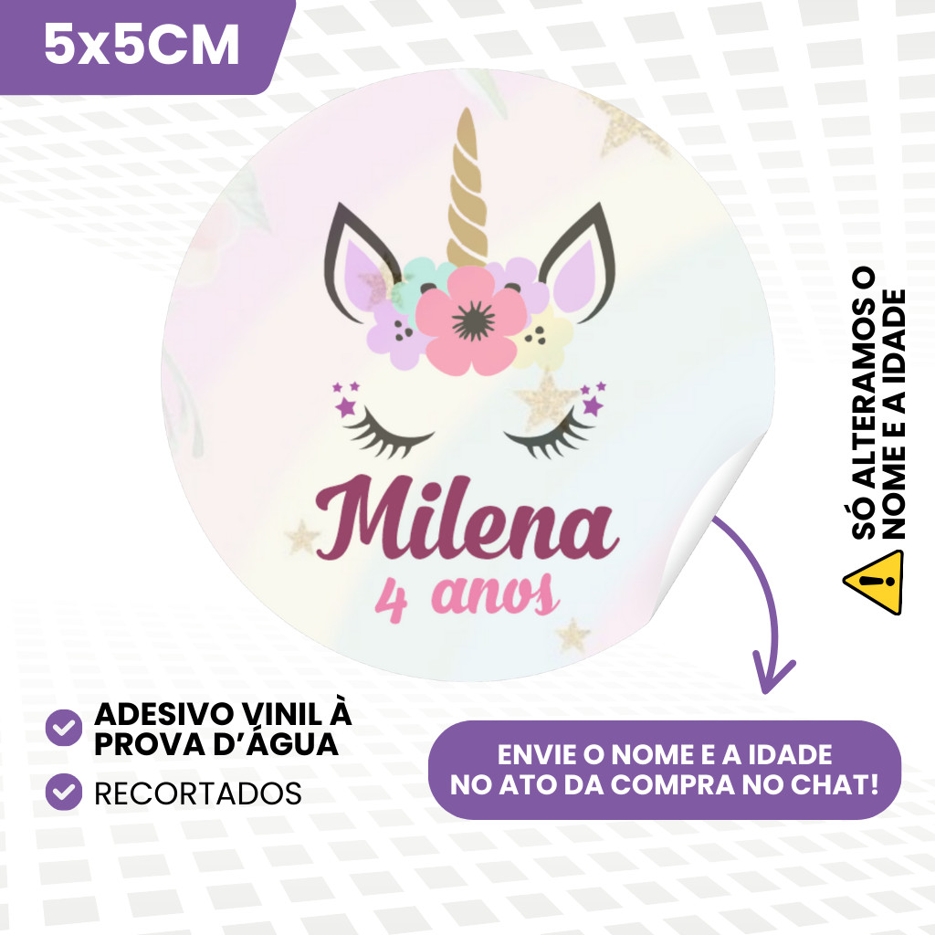 Adesivos Vinil 5x5cm Personalizados Para Lembrancinhas de Aniversário Infantil Menina Tema Unicórnio