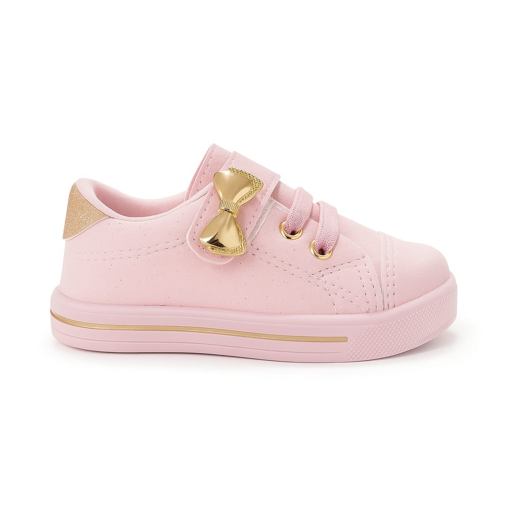 Tênis Infantil menina Rosa Laço dourado Casual