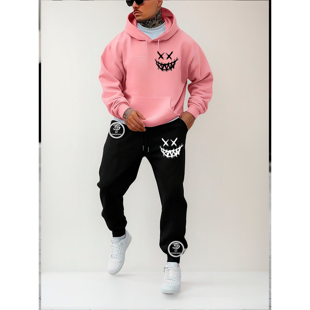 Conjunto Moletom Smiley Evil Estampa Blusa De Frio + Calça linha premium moleton canguru com bolso e capuz