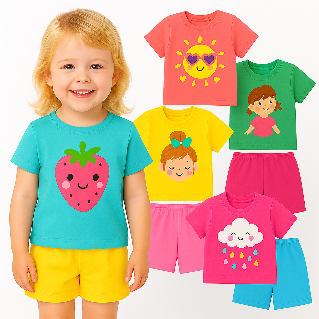 Kit Sortido 2 ou 4 peças Roupa Infantil Menina Verão Conjunto Infantil Bebê Feminino Manga Curta e Shorts Verão