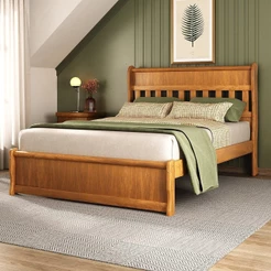 Cama Queen Nathalia 160cm Peseira Baixa Madeira Maciça Marrom/Mogno Mel Queen