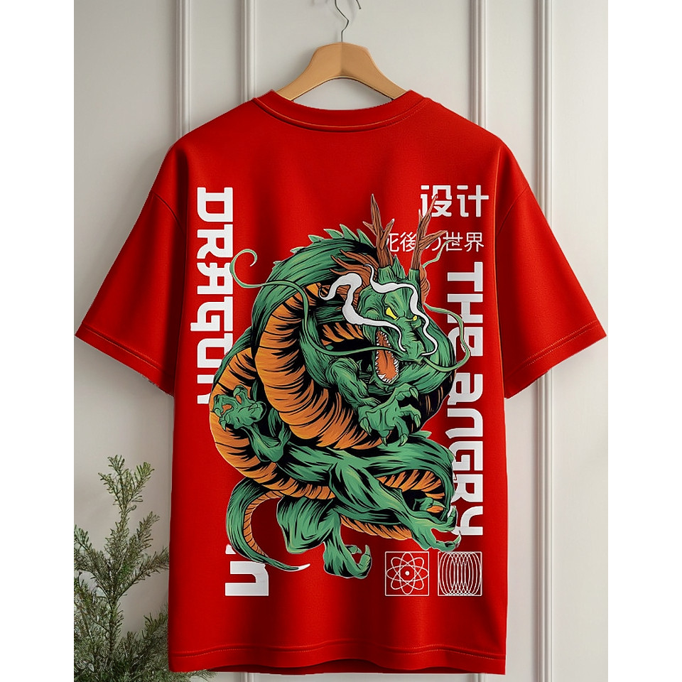 Camiseta Oversized Dragão Japonesa Gola Redonda Streetwear