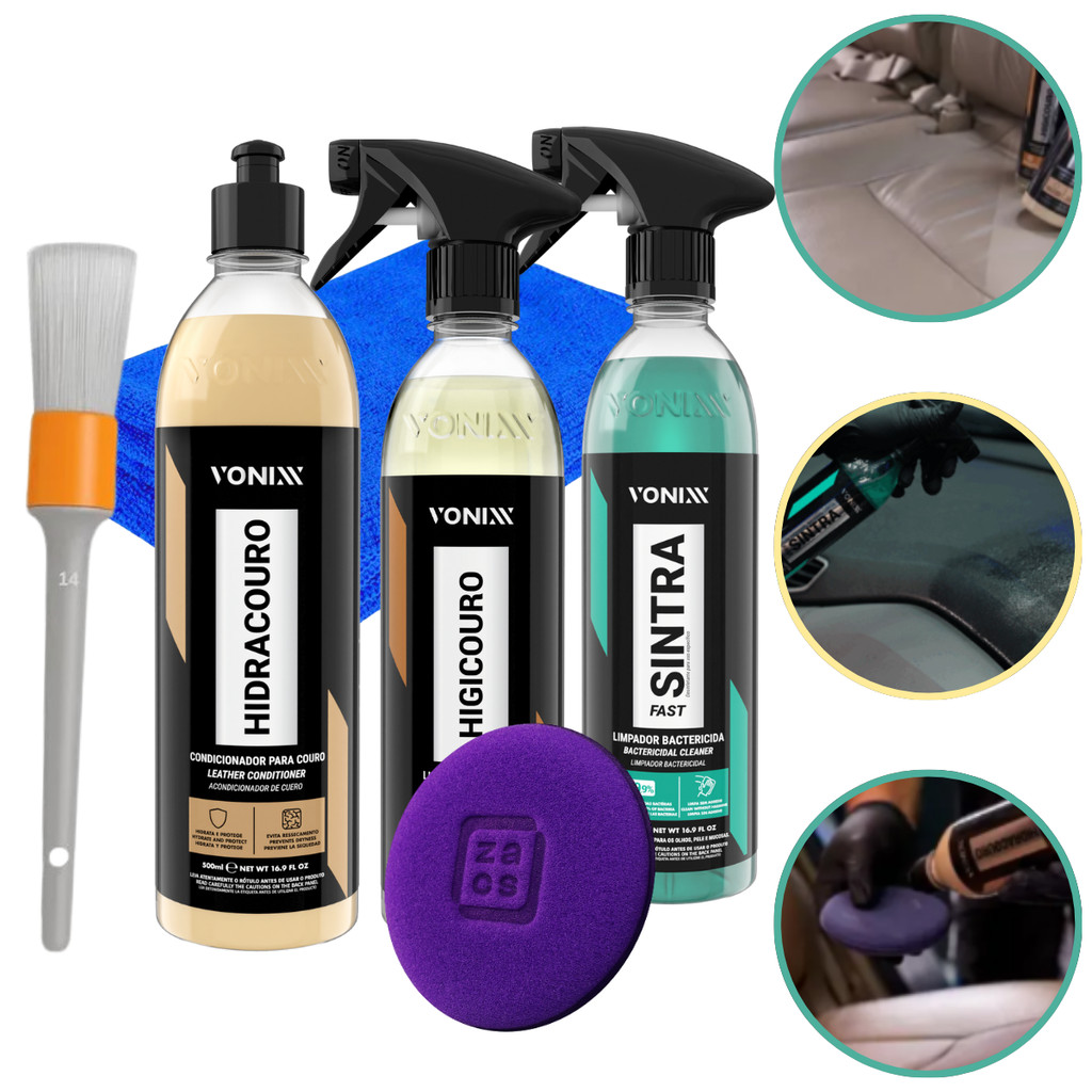Kit Couro Vonixx Sintra Fast Hidracouro Higicouro Hidratante Higieniza e Revitaliza Bancos de Couro