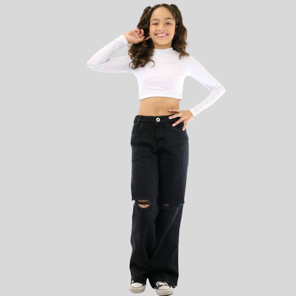 Calça Preta Wide Leg Tecido Larguinha Rasgado Menina 8 e10 Juvenil Pano Preto Ajuste Na Cintura