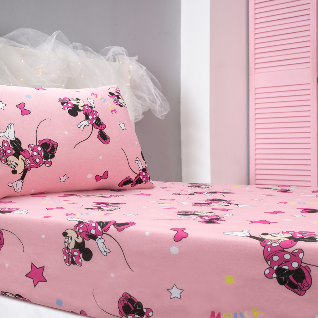 Jogo de Cama Solteiro Infantil com Elástico 2 Peças Disney Minnie Rosa com Estrelas