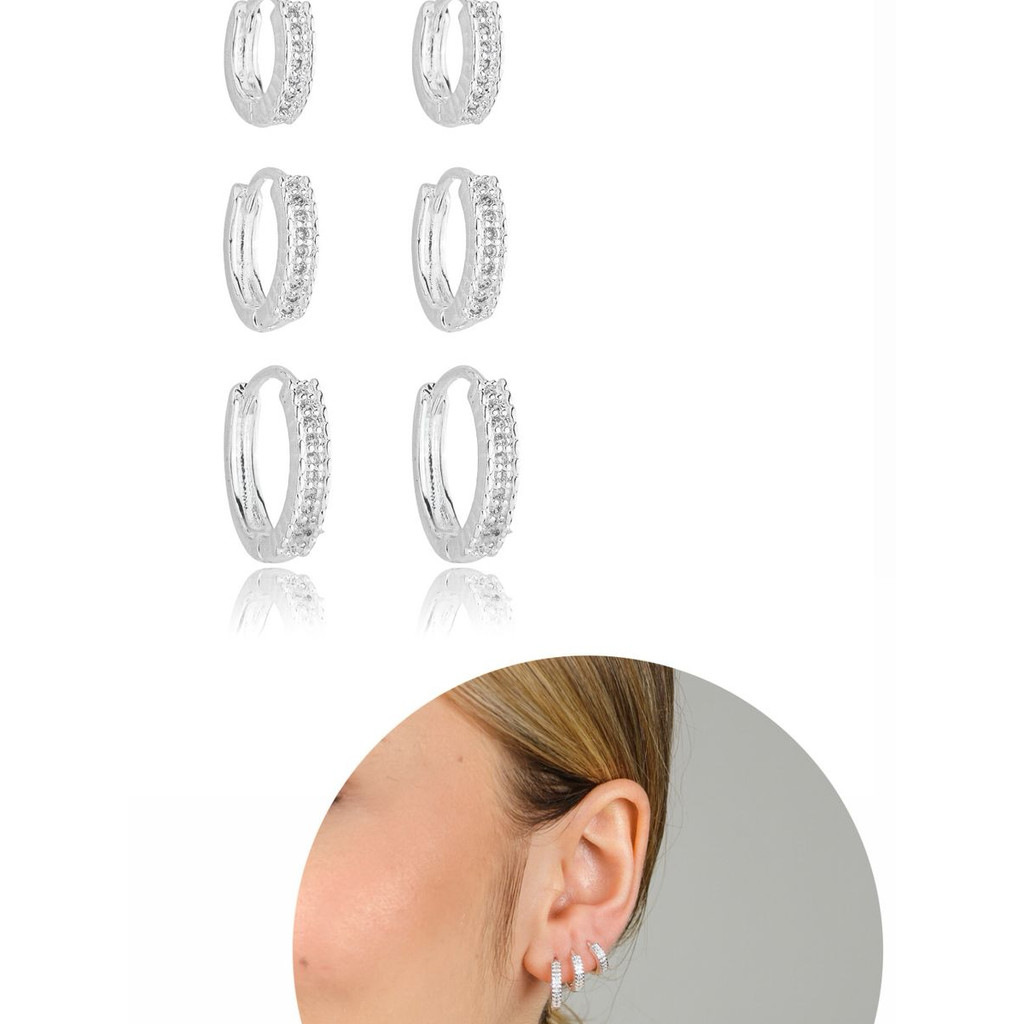 Trio brinco de argola redondo zirconia prata 925 em Oferta na Shopee