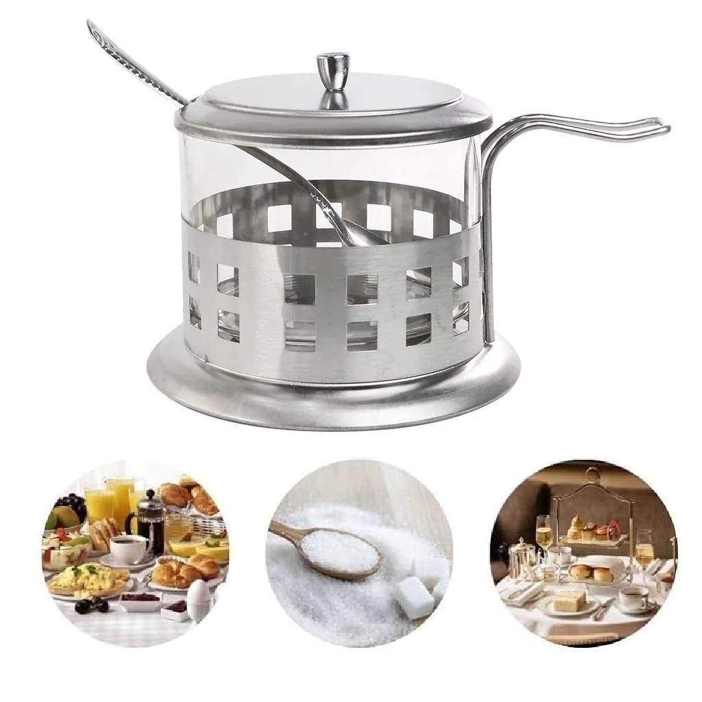 ACUCAREIRO INOX VIDRO PRATA KIT COMPLETO LUXO COLHER TAMPA REMOVIVEL PORTA ACUCAR SAL POTE ALCA CHA CAFE