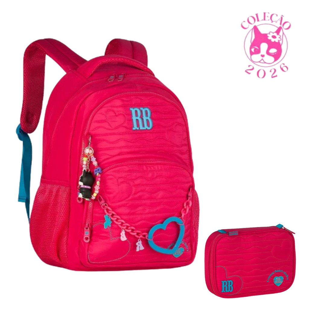 Kit Mochila de Costas e Estojo Rebecca Bonbon Heart Beats -Clio Style Cor:Rosa