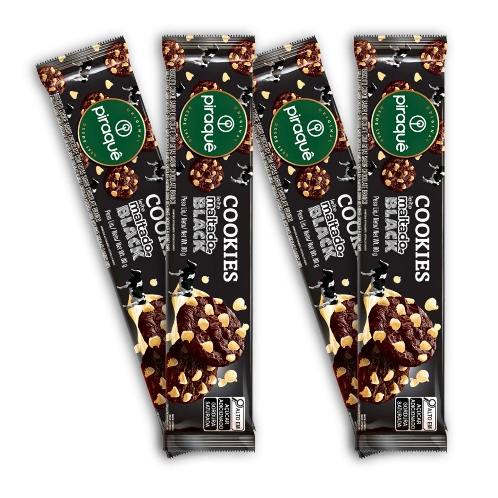 Kit 4un Cookie Leite Maltado 80G  Piraquê Black Chocolate Branco