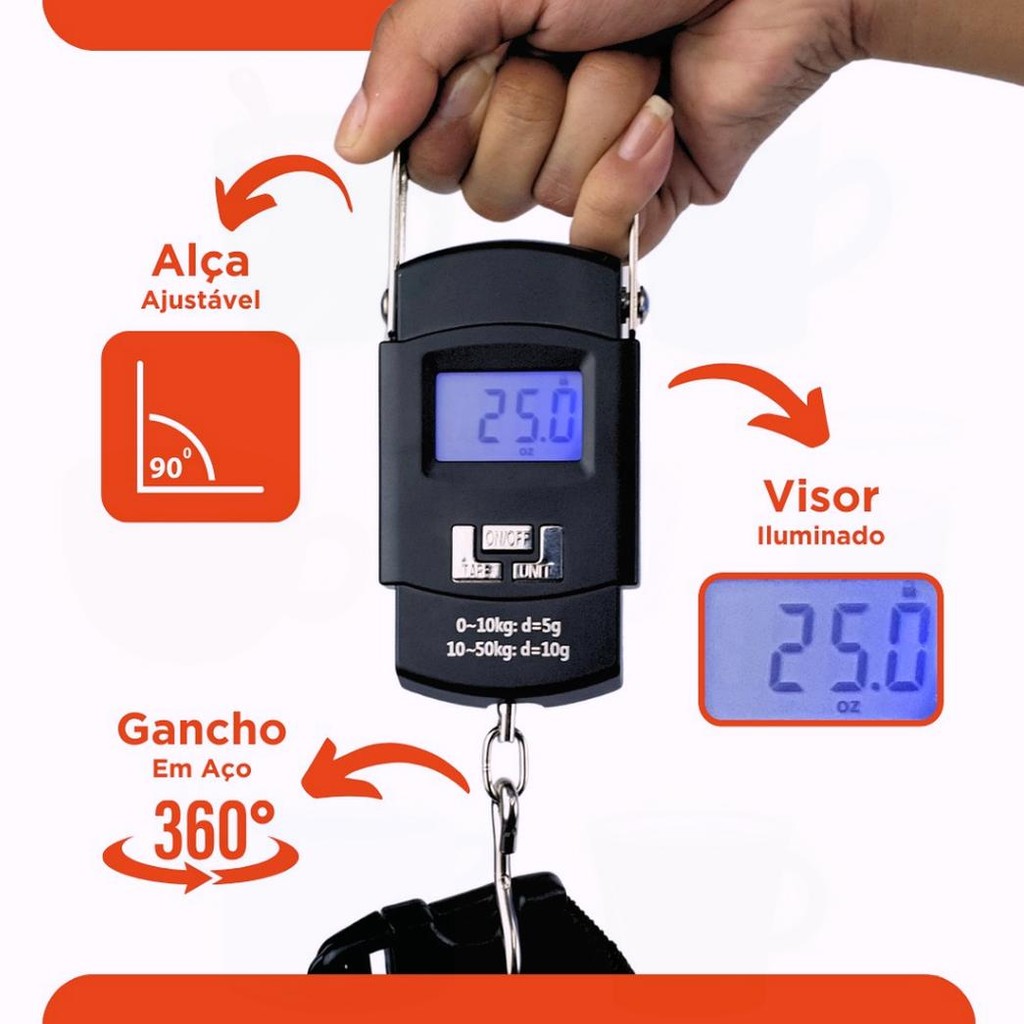 Balança digital mini de mão — 10g a 50kg, portátil para check-in e cozinha