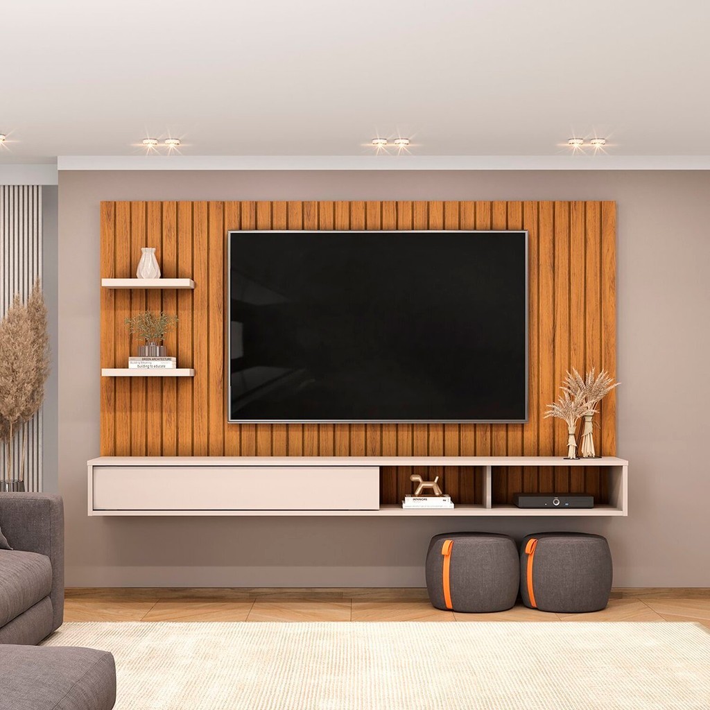 Painel para Tv até 60 Polegadas Frisado decorativo com Nicho 1 Porta Deslizante Friz Freijó/Off White em Oferta na Shopee