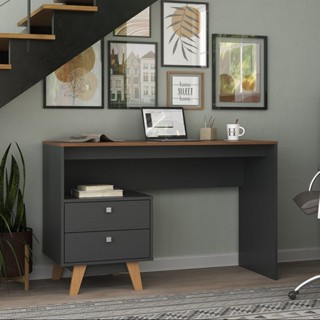Mesa Escrivaninha 120cm 2 Gavetas Retrô Pés Madeira Maciça Nogal/Grafite em Oferta na Shopee