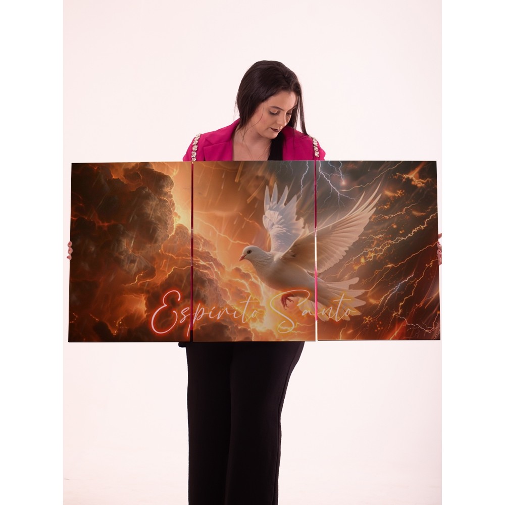 Quadro Decorativo Espírito Santo 3 Peças Pomba Branca Arte Religiosa Sala e Igreja Alta Qualidade