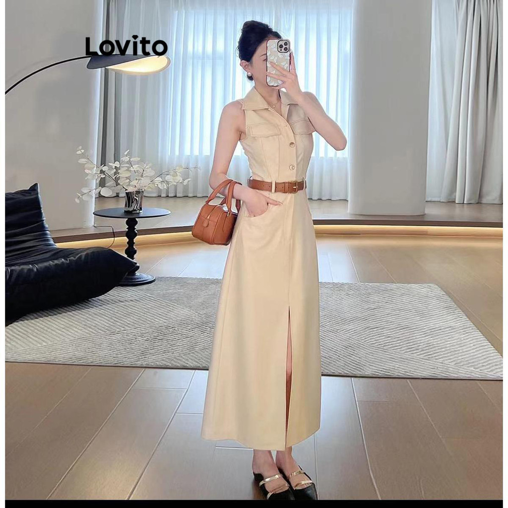 Detalhes do Lovito Vestido Casual Liso Fenda Frontal Botões Bolso Sem Cinto Lne65370