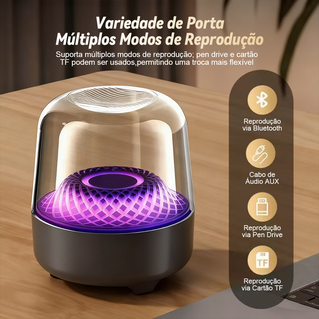 Alto-falante Bluetooth 5ª Geração 2025 | Graves Intensos + Subwoofer | Design em Vidro | Portátil e Potente