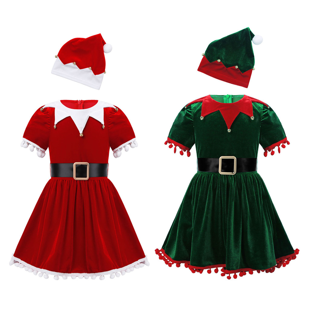 Yeahdor Crianças Meninas Natal Papai Noel Traje Mangas Babados Retalhos Borla Tutu Vestido Com Chapéu Cinto