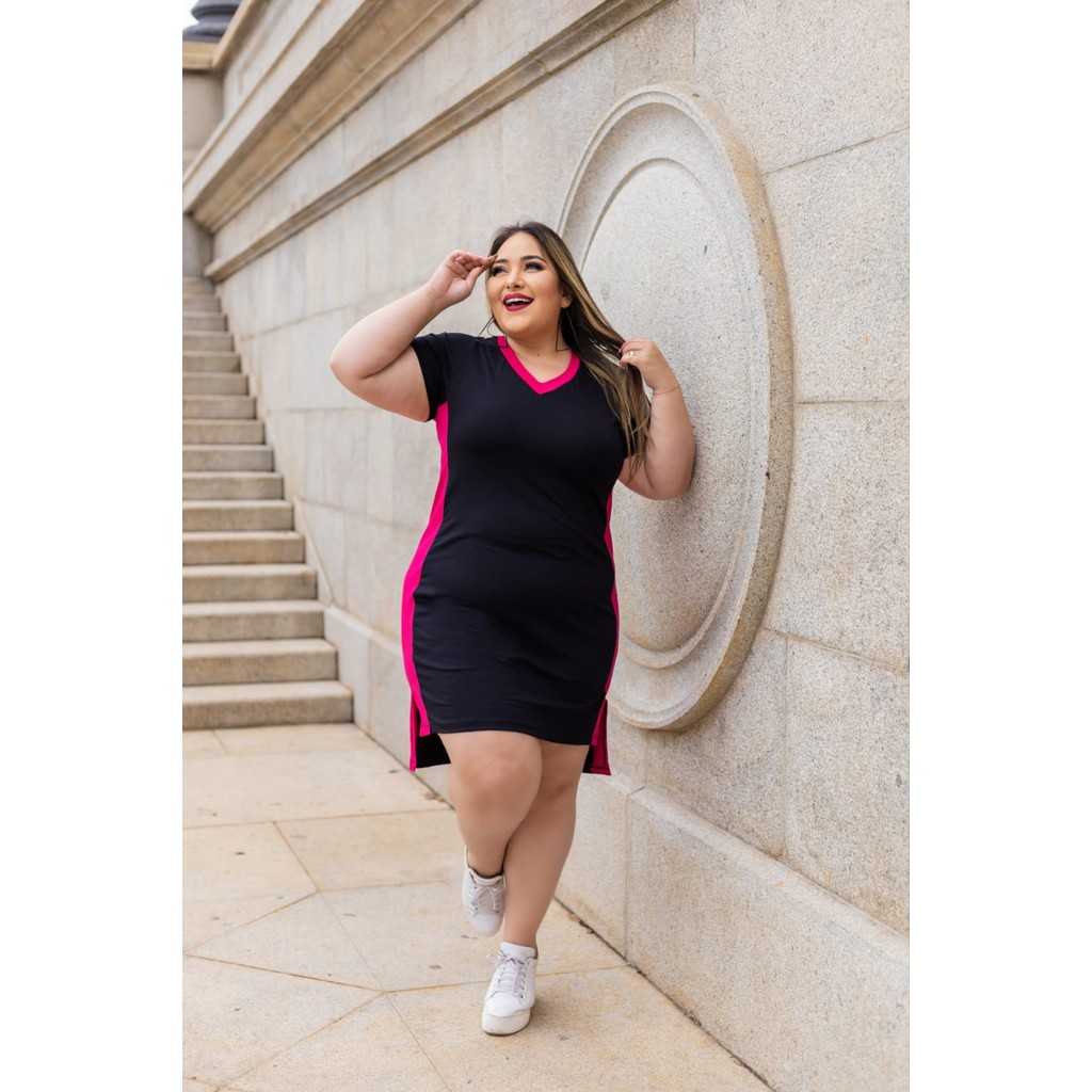 Vestido Curto Plus Size Mullet Decote Em V Faixa Lateral