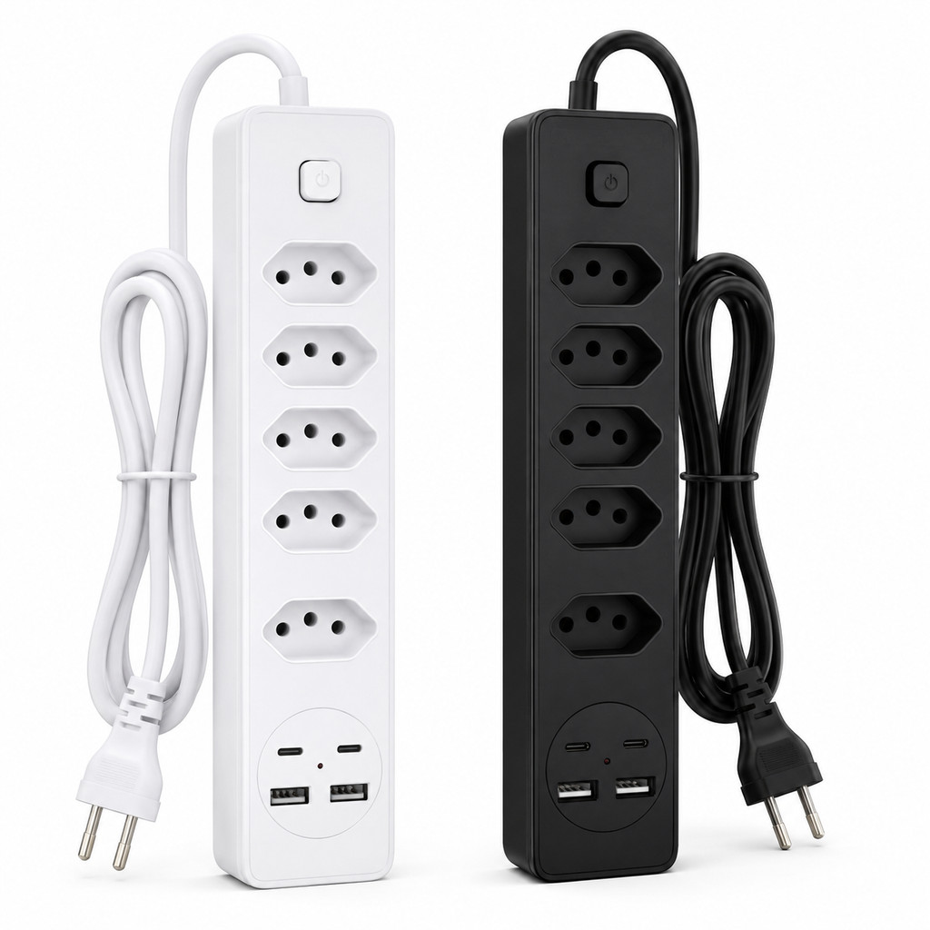 Filtro de Linha 5 Tomadas 2 USB 2 Type-C Extensão Elétrica 2500W Cabo 2 Metros