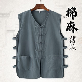 Verão estilo chinês casaco masculino Undershirt velho pequim colete sem mangas velho camiseta Cardigan Tang terno colete