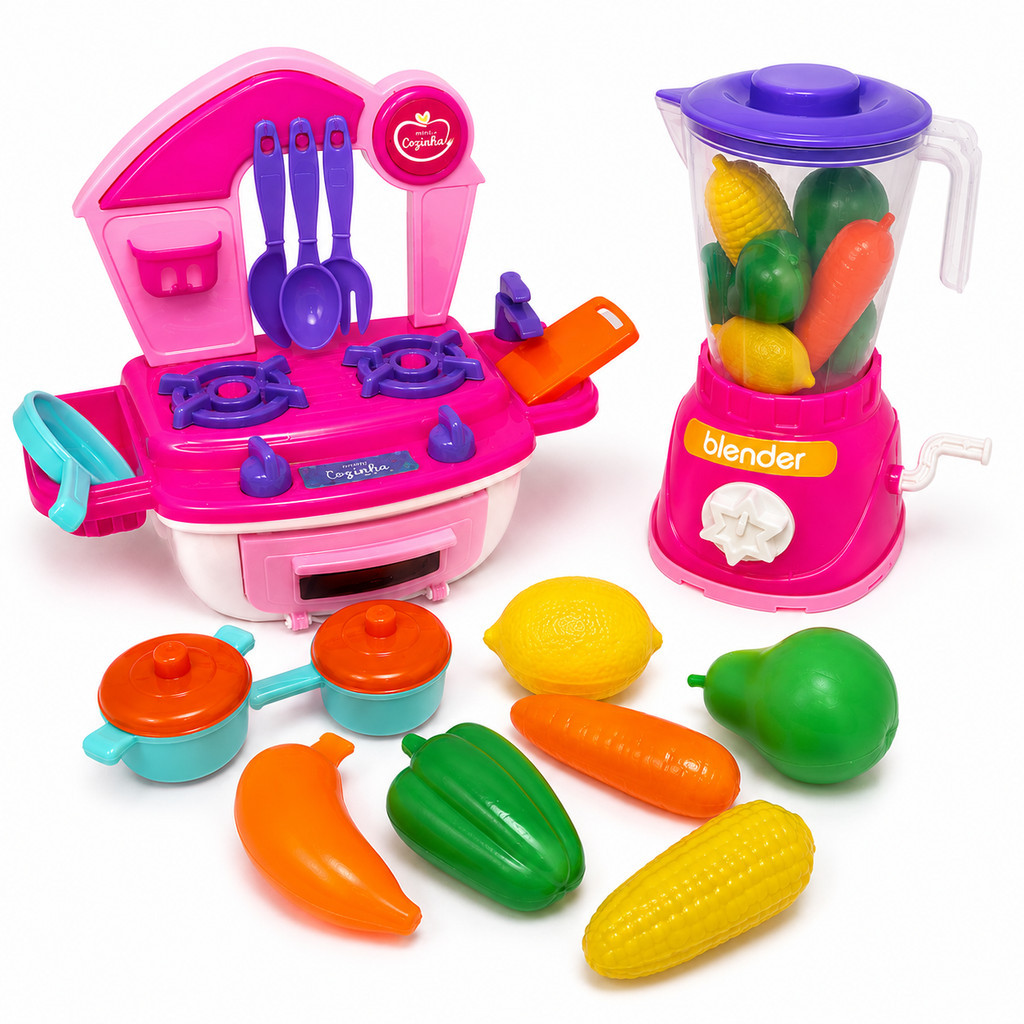 Kit 17 Peças Cozinha Brinquedo Infantil Fogão Forno Eletrodomésticos Liquidificador Frutinhas Faz de Conta Menina