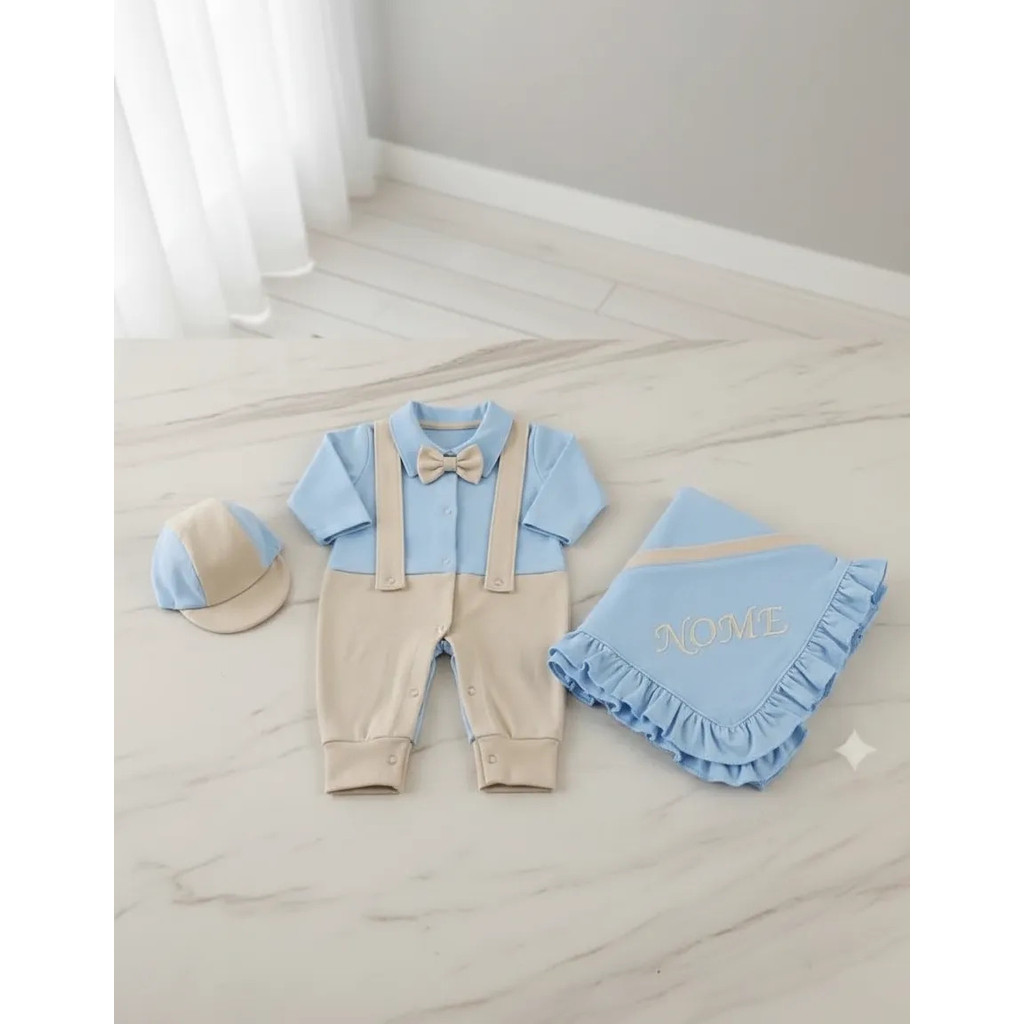 Kit Saída Maternidade Menino Azul Bebe Com Nome Gravata