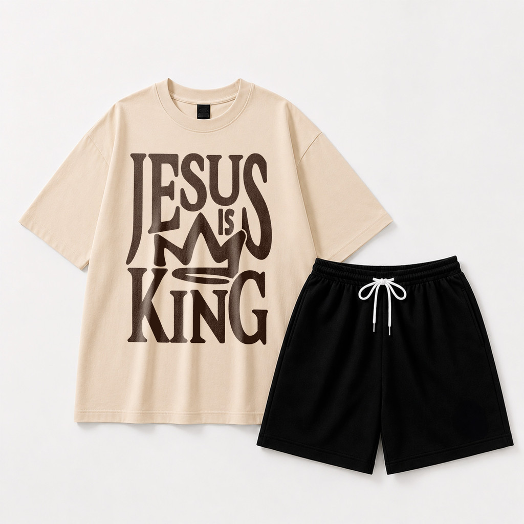 Conjunto STREETWEAR camiseta estampada jesus king algodão premium + bermuda short tac tel