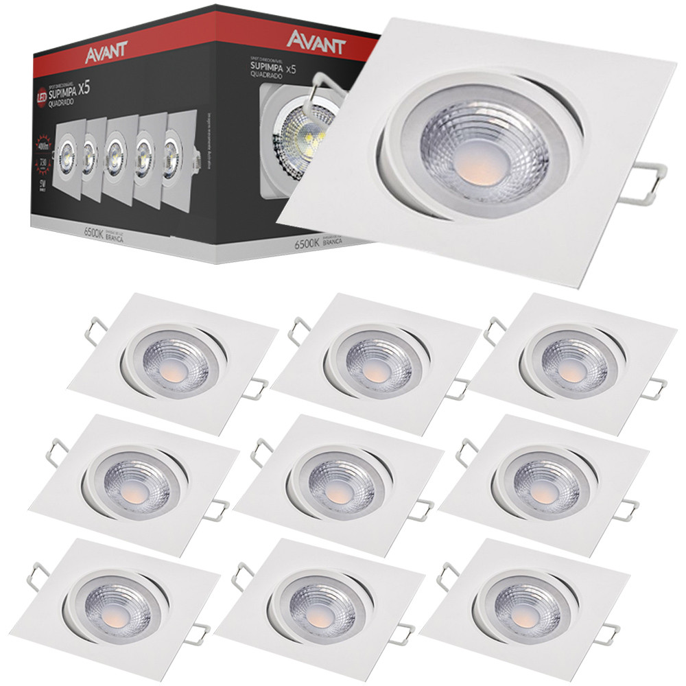 Kit 10 Luminaria de Teto Spot Quadrado Embutir 5W Luz Direcionavel Branco Frio 6500K Bivolt Avant
