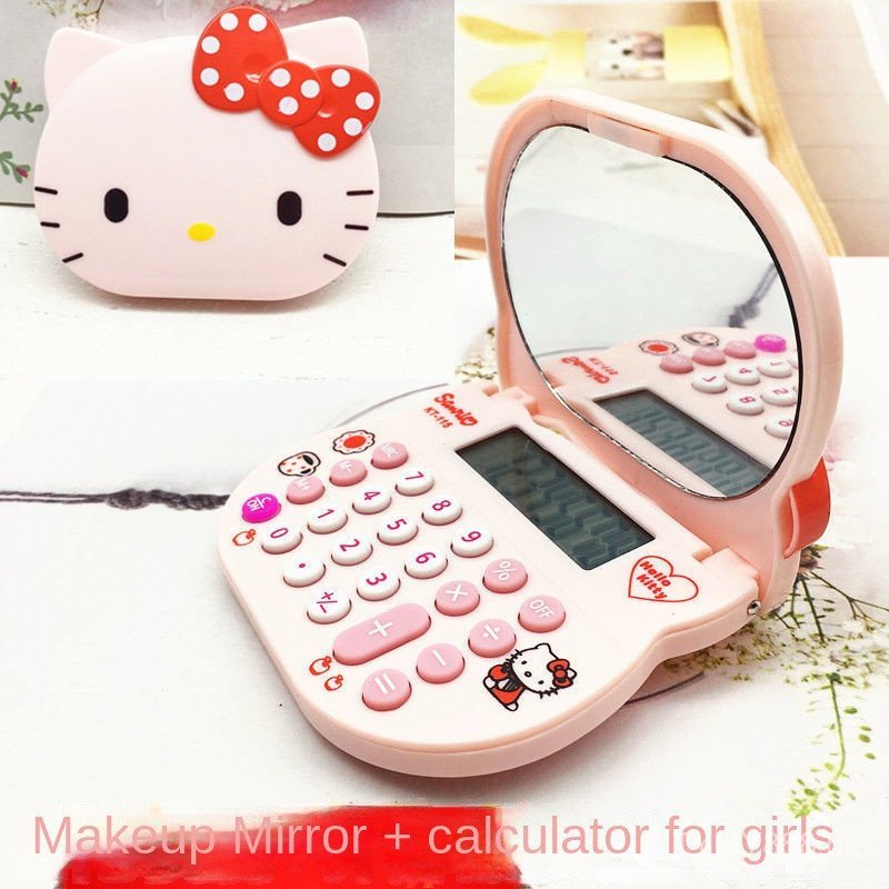 Calculadora Portátil Hello Kitty, Mini Computador Flip com Espelho de Maquiagem KT, Ideal para Meninas